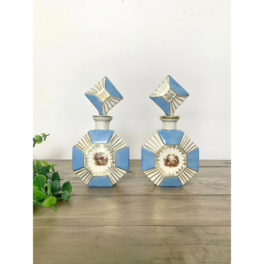 Antique Bavaria Porcelain Perfume Bottles Set of 2 Blue Courting Scene Vanity